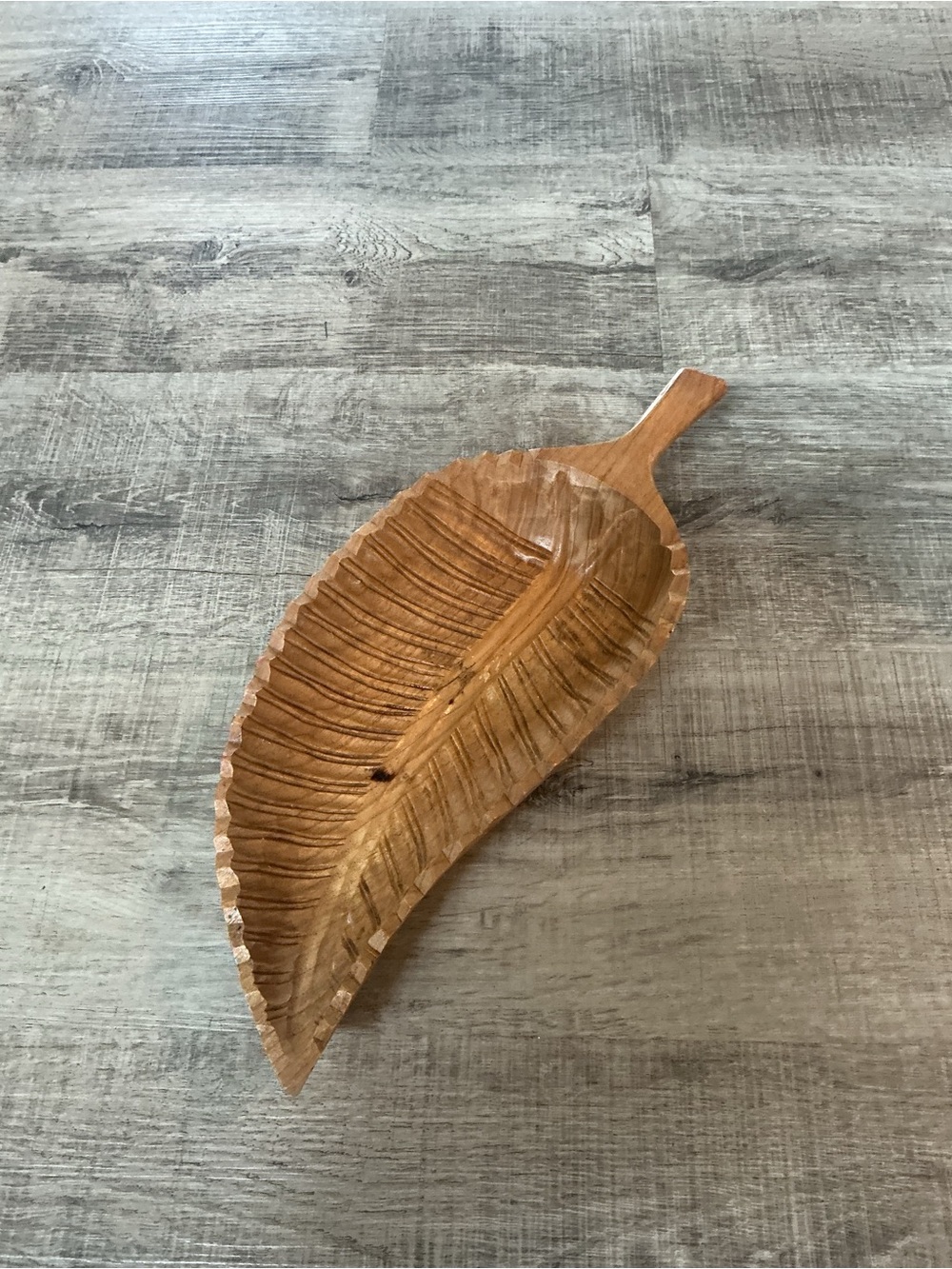 hand carved teak wood Leaf Shaped Decorative Bowl Artist Signed 14x6